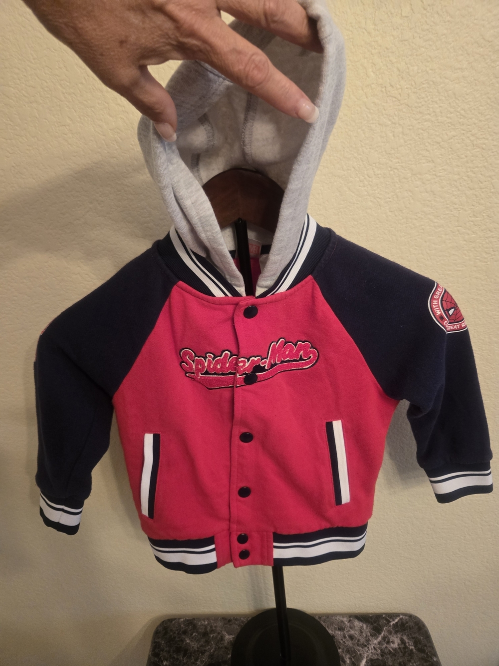 Spiderman Kids Hooded Varsity Sweatshirt Jacket - Red, Navy & Gray